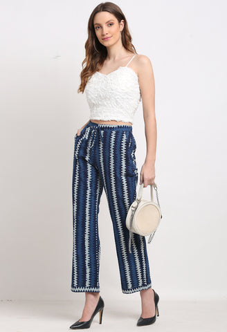 Blue Pure Cotton Striped Indigo Opaque Pallazo Pant