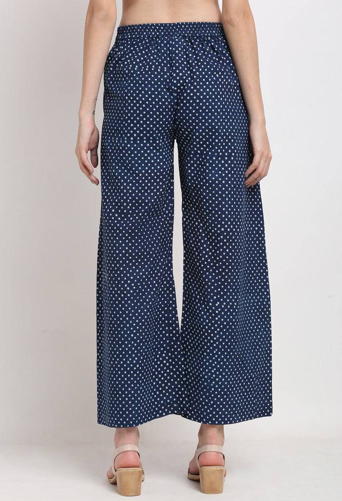 Blue & White Pure Cotton Polka Dot Opaque Flaired Pallazzo Pant