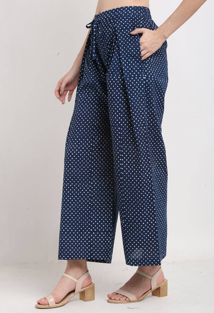 Blue & White Pure Cotton Polka Dot Opaque Flaired Pallazzo Pant