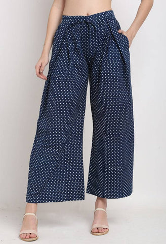 Blue & White Pure Cotton Polka Dot Opaque Flaired Pallazzo Pant