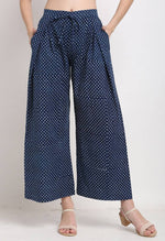 Load image into Gallery viewer, Blue &amp; White Pure Cotton Polka Dot Opaque Flaired Pallazzo Pant
