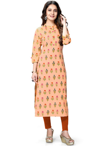 Peach Pure Cambric Cotton Jaipuri Printed Kurti