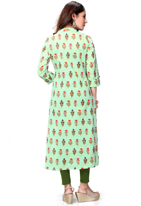 Pista Green Pure Cambric Cotton Jaipuri Printed Kurti