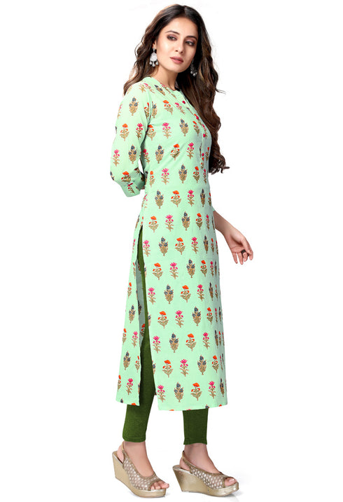 Pista Green Pure Cambric Cotton Jaipuri Printed Kurti