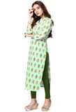 Pista Green Pure Cambric Cotton Jaipuri Printed Kurti
