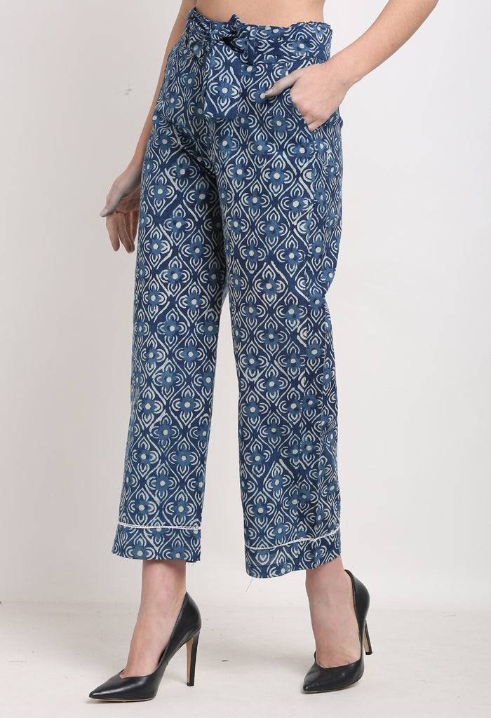Blue Pure Cotton Geometric Indigo Opaque Pallazzo Pant