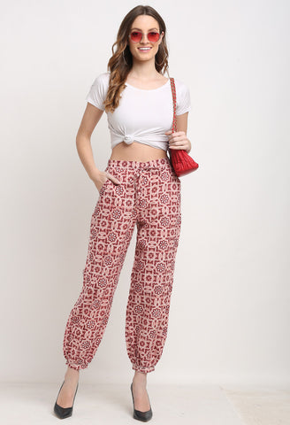 Pink & Maroon Pure Cotton Geometric Opaque Harem Pant