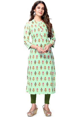 Pista Green Pure Cambric Cotton Jaipuri Printed Kurti