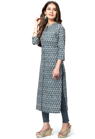 Grey Pure Cambric Cotton Jaipuri Printed Kurti