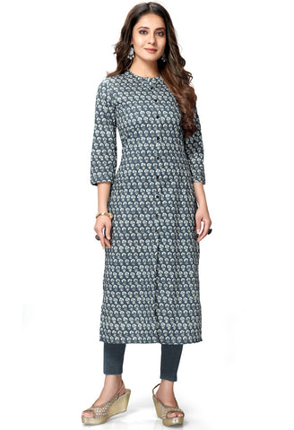 Grey Pure Cambric Cotton Jaipuri Printed Kurti