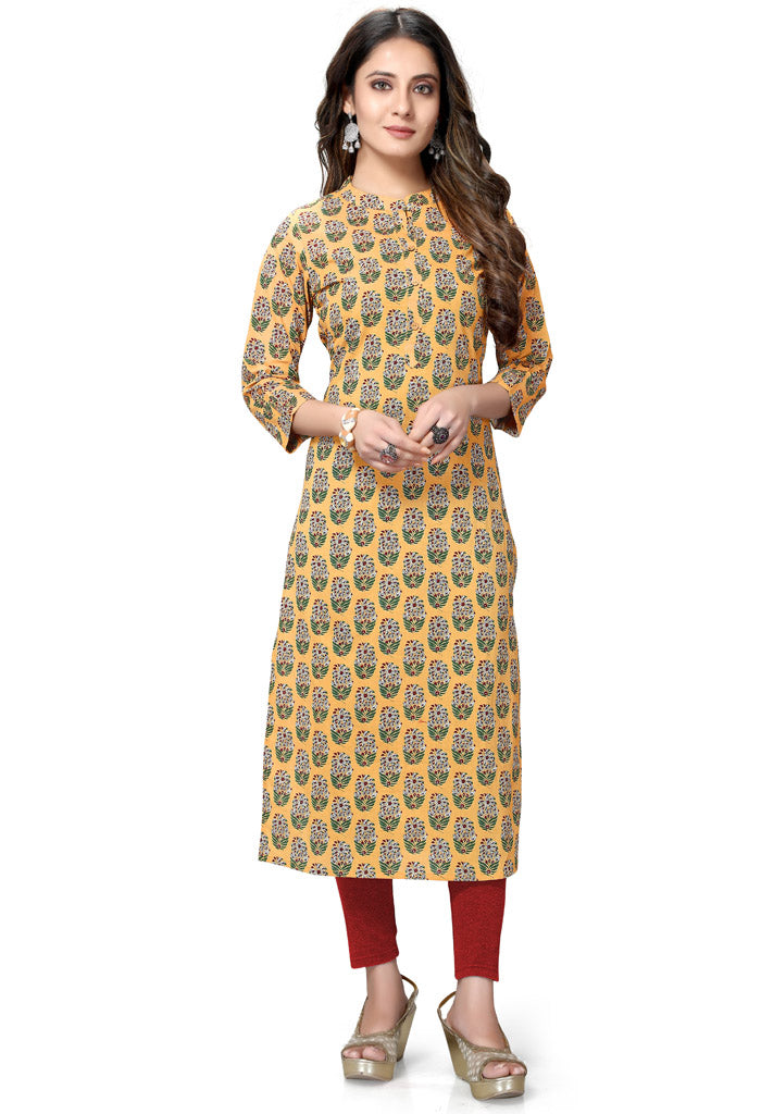 Yellow Pure Cambric Cotton Jaipuri Printed Kurti