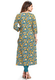 Teal And Yellow Pure Cambric Cotton Jaipuri Printed Kurti