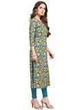 Teal And Yellow Pure Cambric Cotton Jaipuri Printed Kurti