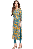 Teal And Yellow Pure Cambric Cotton Jaipuri Printed Kurti