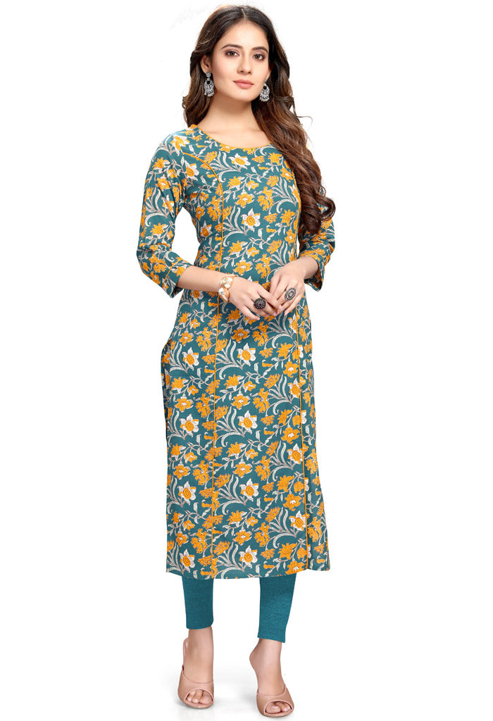 Teal And Yellow Pure Cambric Cotton Jaipuri Printed Kurti