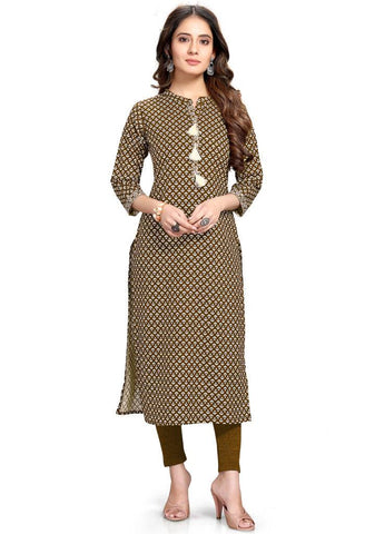 Dark Brown And Beige Pure Cambric Cotton Jaipuri Printed Kurti