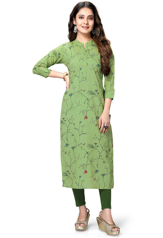 Green Pure Cambric Cotton Jaipuri Printed Kurti