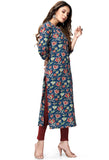 Navy Blue And Red Pure Cambric Cotton Jaipuri Printed Kurti