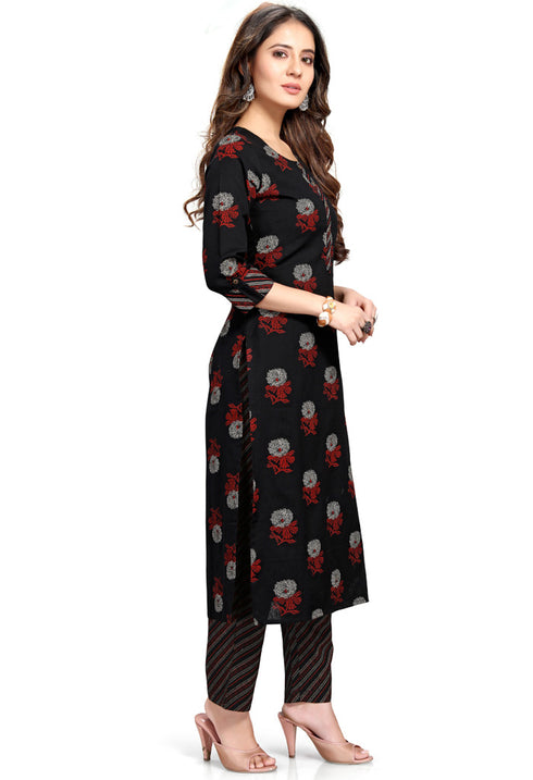 Black Pure Cambric Cotton Jaipuri Printed Kurta With Palazzo