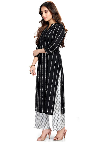 Black And White Pure Cambric Cotton Jaipuri Printed Kurta With Palazzo