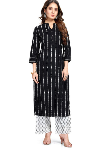 Black And White Pure Cambric Cotton Jaipuri Printed Kurta With Palazzo