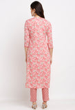 Pink Pure Cambric Cotton Jaipuri Printed Front Slit Kurti With Palazzo