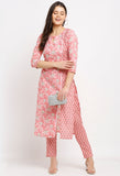 Pink Pure Cambric Cotton Jaipuri Printed Front Slit Kurti With Palazzo