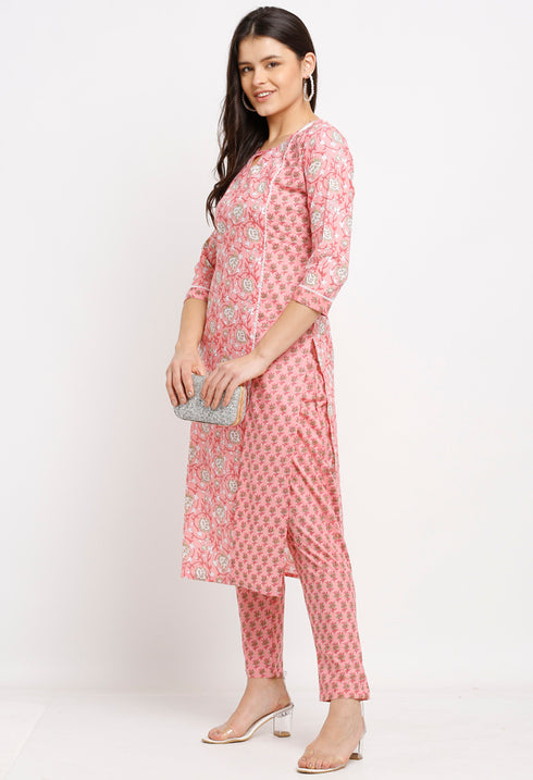 Pink Pure Cambric Cotton Jaipuri Printed Front Slit Kurti With Palazzo