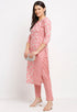 Pink Pure Cambric Cotton Jaipuri Printed Front Slit Kurti With Palazzo