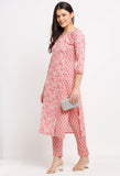 Pink Pure Cambric Cotton Jaipuri Printed Front Slit Kurti With Palazzo