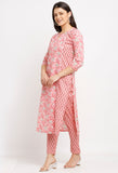 Pink Pure Cambric Cotton Jaipuri Printed Front Slit Kurti With Palazzo