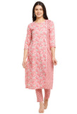 Pink Pure Cambric Cotton Jaipuri Printed Front Slit Kurti With Palazzo