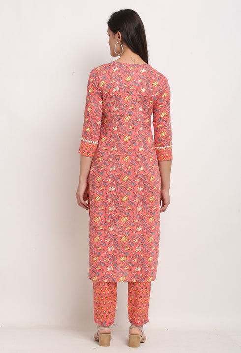 Pink Pure Cambric Cotton Jaipuri Printed Front Slit Kurti With Palazzo