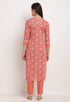 Pink Pure Cambric Cotton Jaipuri Printed Front Slit Kurti With Palazzo