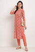 Pink Pure Cambric Cotton Jaipuri Printed Front Slit Kurti With Palazzo