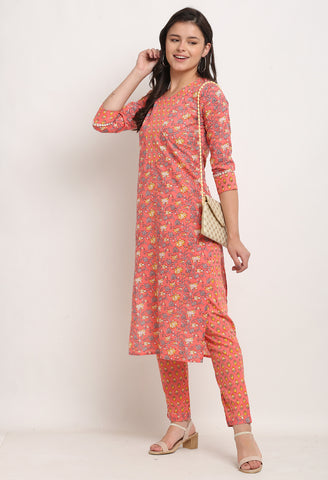 Pink Pure Cambric Cotton Jaipuri Printed Front Slit Kurti With Palazzo