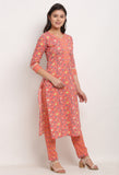 Pink Pure Cambric Cotton Jaipuri Printed Front Slit Kurti With Palazzo