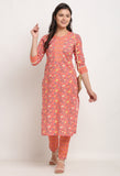 Pink Pure Cambric Cotton Jaipuri Printed Front Slit Kurti With Palazzo