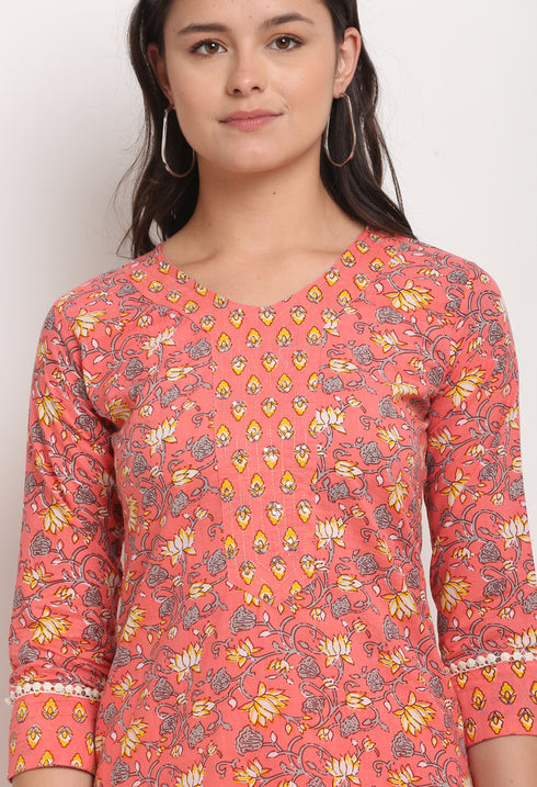 Pink Pure Cambric Cotton Jaipuri Printed Front Slit Kurti With Palazzo