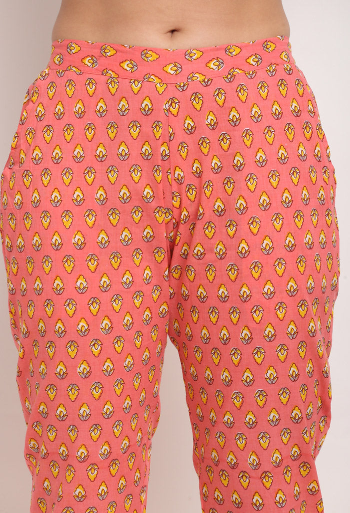 Pink Pure Cambric Cotton Jaipuri Printed Front Slit Kurti With Palazzo