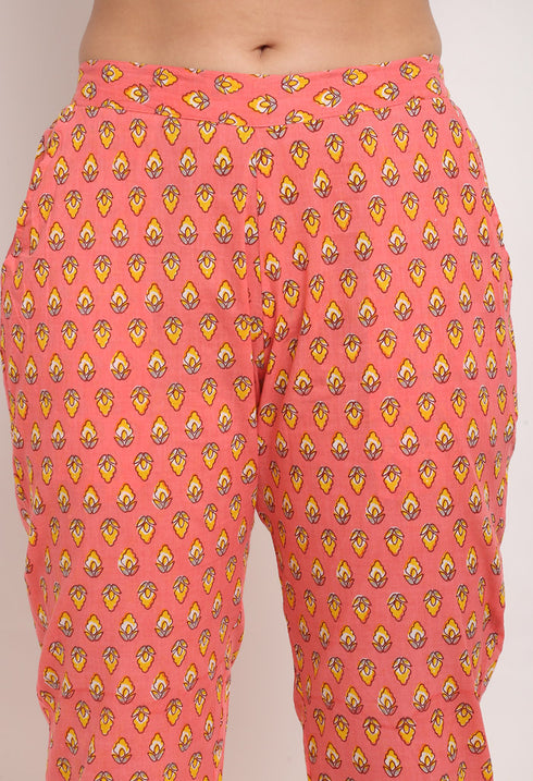 Pink Pure Cambric Cotton Jaipuri Printed Front Slit Kurti With Palazzo
