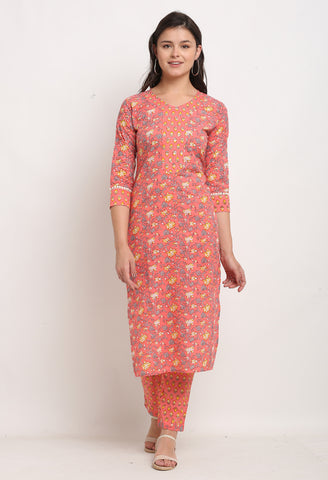 Pink Pure Cambric Cotton Jaipuri Printed Front Slit Kurti With Palazzo