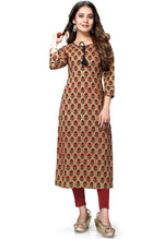 Load image into Gallery viewer, Beige And Brown Pure Cambric Cotton Jaipuri Printed Kurti - Rajnandini