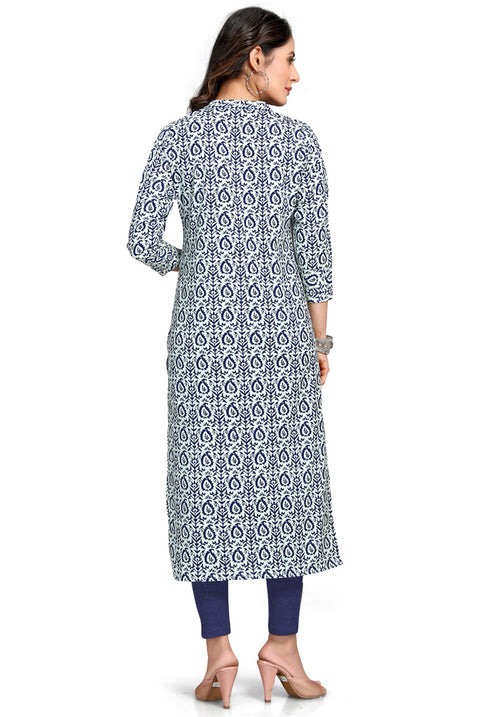White And Blue Pure Cambric Cotton Jaipuri Printed Kurti