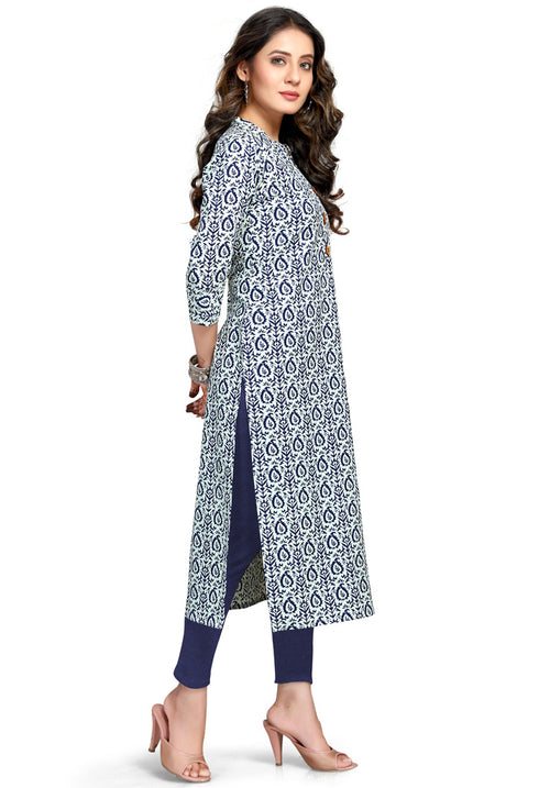 White And Blue Pure Cambric Cotton Jaipuri Printed Kurti
