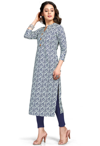 White And Blue Pure Cambric Cotton Jaipuri Printed Kurti