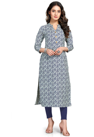 White And Blue Pure Cambric Cotton Jaipuri Printed Kurti