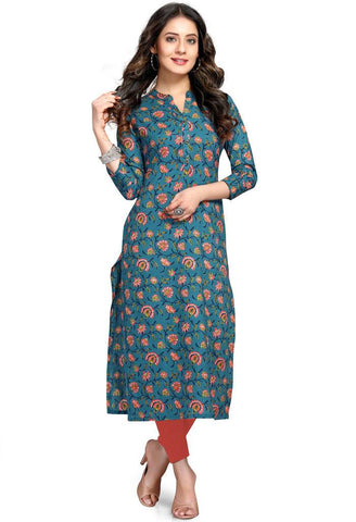 Blue Pure Cambric Cotton Jaipuri Printed Kurti