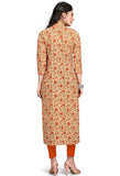 Beige And Orange Pure Cambric Cotton Jaipuri Printed Kurti