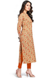 Beige And Orange Pure Cambric Cotton Jaipuri Printed Kurti